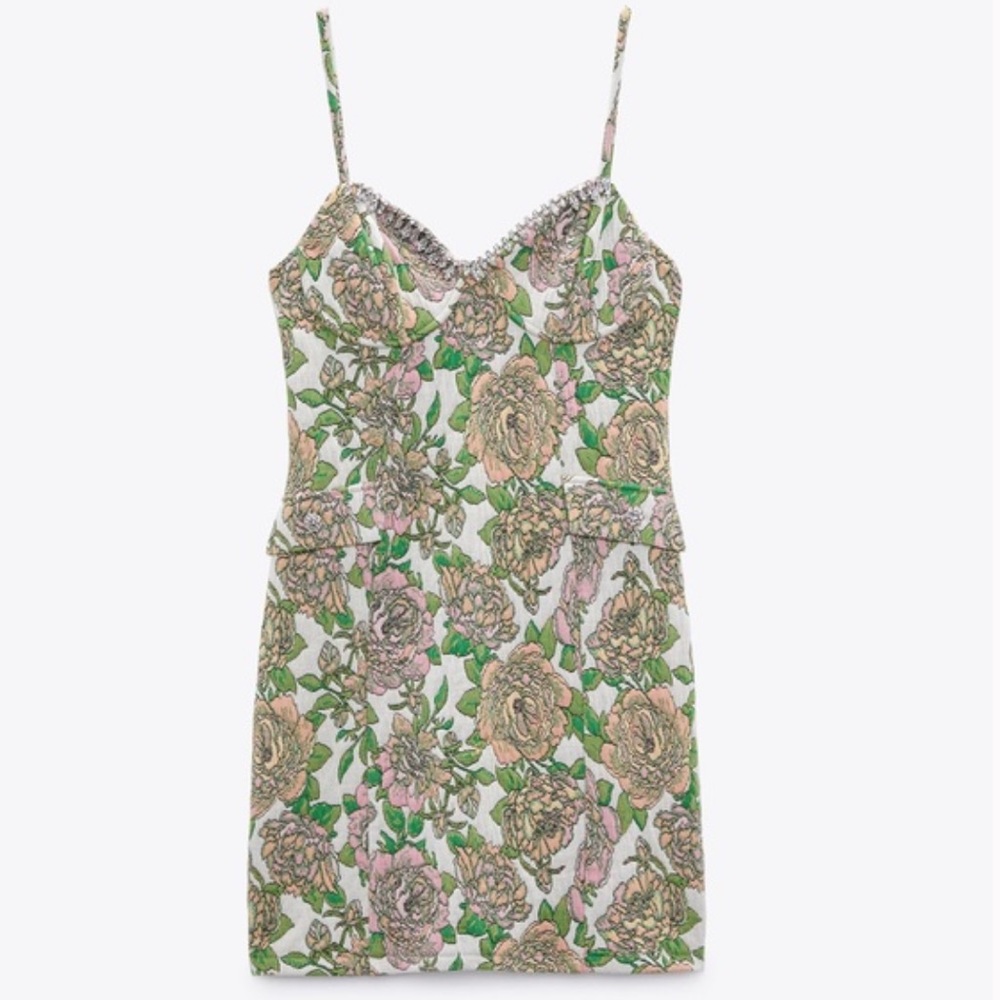 Zara Floral Jeweled Jacquard Dress